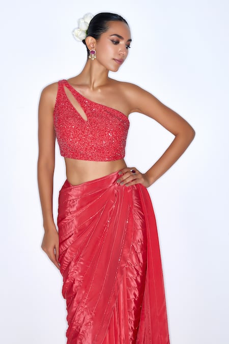 Shop Niamh By Kriti Red Silk, Crepe Sequins, Cut Work One Embroidered Pre Draped Saree With Blouse Online at Aza Fashions Shop_Niamh By Kriti_Red Silk, Crepe Sequins, Cut Work One Embroidered Pre Draped Saree With Blouse _Online_at_Aza_Fashions