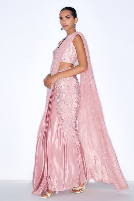 Niamh By Kriti_Pink Silk, Crepe Sequins, Cut Work Embellished Pre Draped Saree With Blouse _Online_at_Aza_Fashions