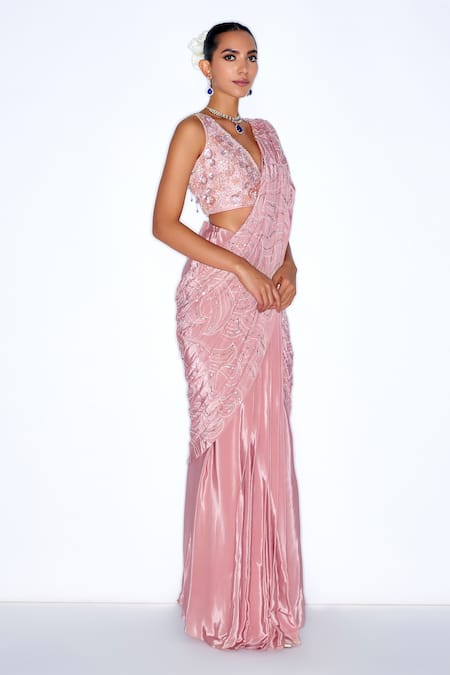 Buy_Niamh By Kriti_Pink Silk, Crepe Sequins, Cut Work Embellished Pre Draped Saree With Blouse _Online_at_Aza_Fashions