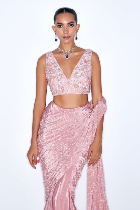 Shop_Niamh By Kriti_Pink Silk, Crepe Sequins, Cut Work Embellished Pre Draped Saree With Blouse _Online_at_Aza_Fashions