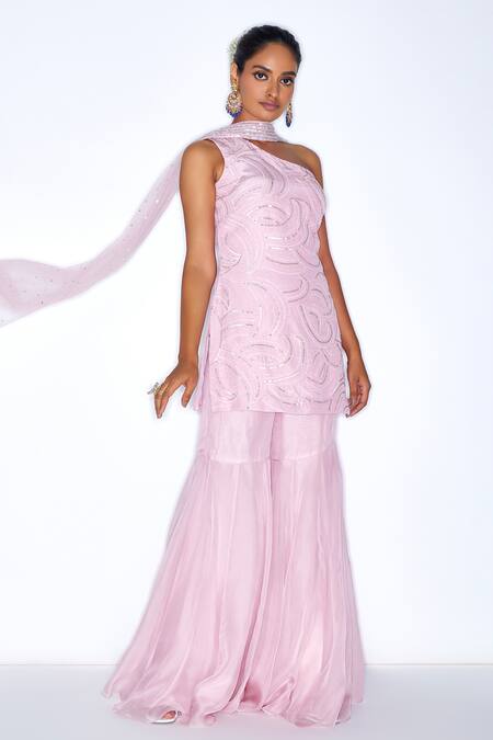 Niamh By Kriti_Pink Silk, Net, Organza Sequins, Cut Work Abstract Embroidered Kurta Gharara Set _Online_at_Aza_Fashions
