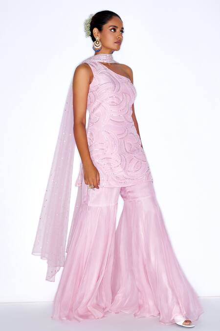 Buy_Niamh By Kriti_Pink Silk, Net, Organza Sequins, Cut Work Abstract Embroidered Kurta Gharara Set _Online_at_Aza_Fashions