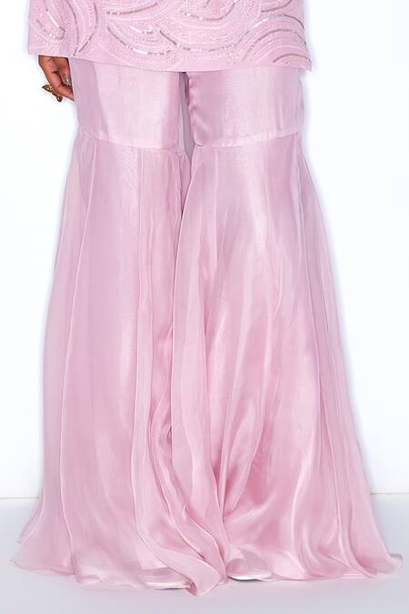 Shop_Niamh By Kriti_Pink Silk, Net, Organza Sequins, Cut Work Abstract Embroidered Kurta Gharara Set _Online_at_Aza_Fashions