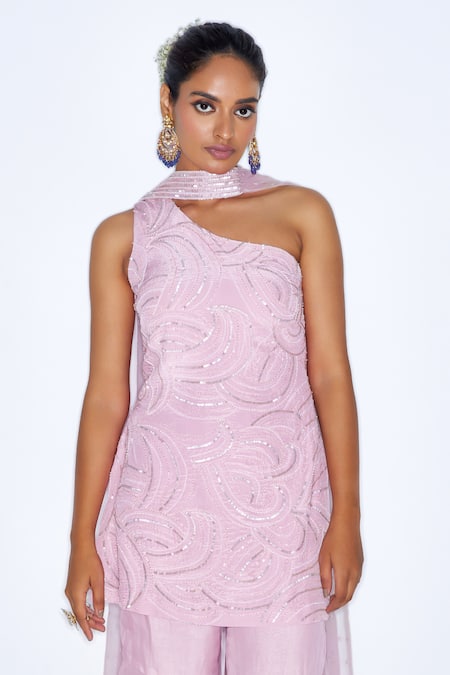 Niamh By Kriti_Pink Silk, Net, Organza Sequins, Cut Work Abstract Embroidered Kurta Gharara Set _at_Aza_Fashions