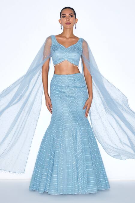 Niamh By Kriti_Blue Organza, Net, Satin Scalloped Embellished Mermaid Lehenga With Blouse _Online_at_Aza_Fashions