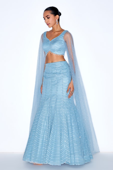 Niamh By Kriti_Blue Organza, Net, Satin Scalloped Embellished Mermaid Lehenga With Blouse _at_Aza_Fashions
