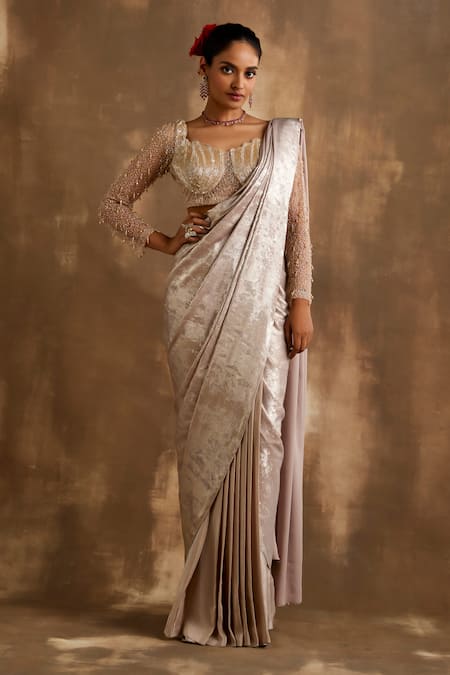 Niamh By Kriti Gold Blouse Net Embroidered Cutdana V-neck Shimmer Pre Draped Saree With 