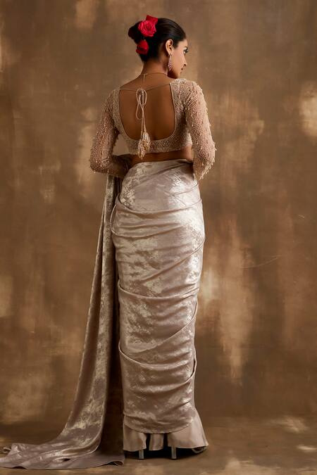 Shop_Niamh By Kriti_Gold Net, Silk Beads, Cut Work V-neck Shimmer Pre Draped Saree With Blouse _at_Aza_Fashions
