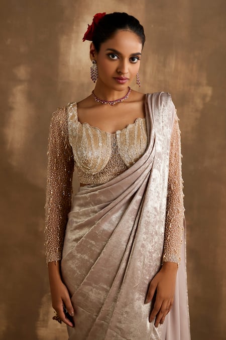 Buy_Niamh By Kriti_Gold Net, Silk Beads, Cut Work V-neck Shimmer Pre Draped Saree With Blouse _Online_at_Aza_Fashions