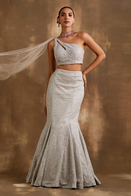 Shop Niamh By Kriti Silver Net, Lycra, Satin Sequins One Embellished Mermaid Lehenga With Blouse Online at Aza Fashions Shop_Niamh By Kriti_Silver Net, Lycra, Satin Sequins One Embellished Mermaid Lehenga With Blouse _Online_at_Aza_Fashions
