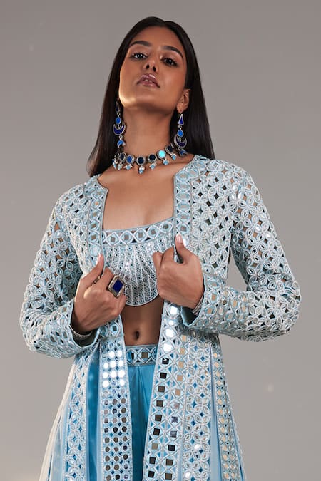 Surily G Blue Crepe Mirrror And Beads Embroidered Crop Top 