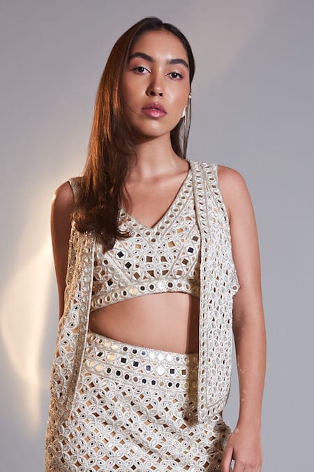 Surily G Ivory Crepe Flora Sheesha Jaal Embroidered Waistcoat