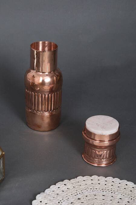 Assemblage Brown Brass Agate Stone Capped Copper Bottle Set Of 2