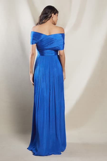 Shop Brinda Sneha Blue Chiffon V-neck Sophia Off Shoulder Pleated Gown at Aza Fashions Shop_Brinda Sneha_Blue Chiffon V-neck Sophia Off Shoulder Pleated Gown _at_Aza_Fashions
