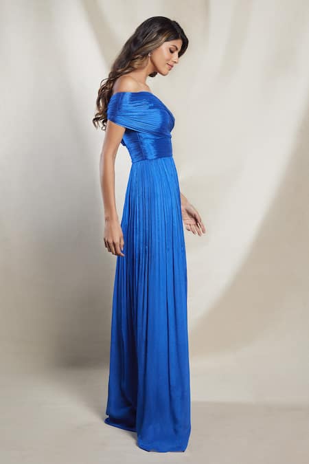 Brinda Sneha Blue Chiffon V-neck Sophia Off Shoulder Pleated Gown Online at Aza Fashions Brinda Sneha_Blue Chiffon V-neck Sophia Off Shoulder Pleated Gown _Online_at_Aza_Fashions