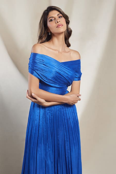 Buy Brinda Sneha Blue Chiffon V-neck Sophia Off Shoulder Pleated Gown Online at Aza Fashions Buy_Brinda Sneha_Blue Chiffon V-neck Sophia Off Shoulder Pleated Gown _Online_at_Aza_Fashions