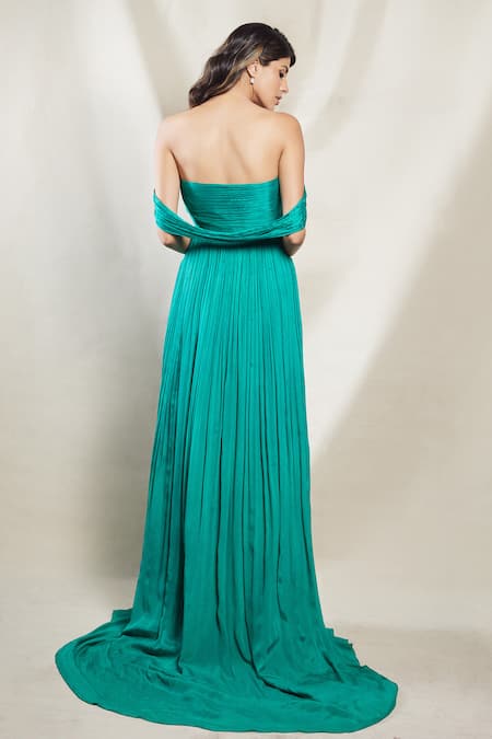Brinda Sneha Green Chinnon Plain Sweetheart Neck Stella Ruched Cut-out Gown Online at Aza Fashions Brinda Sneha_Green Chinnon Plain Sweetheart Neck Stella Ruched Cut-out Gown _Online_at_Aza_Fashions