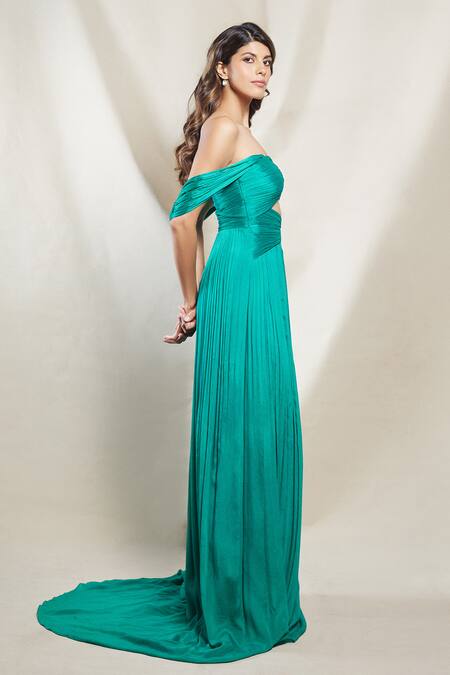 Buy Brinda Sneha Green Chinnon Plain Sweetheart Neck Stella Ruched Cut-out Gown Online at Aza Fashions Buy_Brinda Sneha_Green Chinnon Plain Sweetheart Neck Stella Ruched Cut-out Gown _Online_at_Aza_Fashions