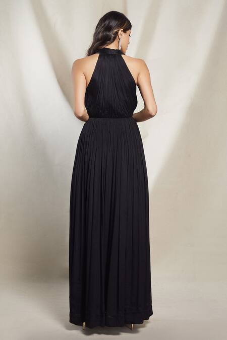 Brinda Sneha Black Chinnon Plain Plunge V Neck Valentina Ruched Gown Online at Aza Fashions Brinda Sneha_Black Chinnon Plain Plunge V Neck Valentina Ruched Gown _Online_at_Aza_Fashions
