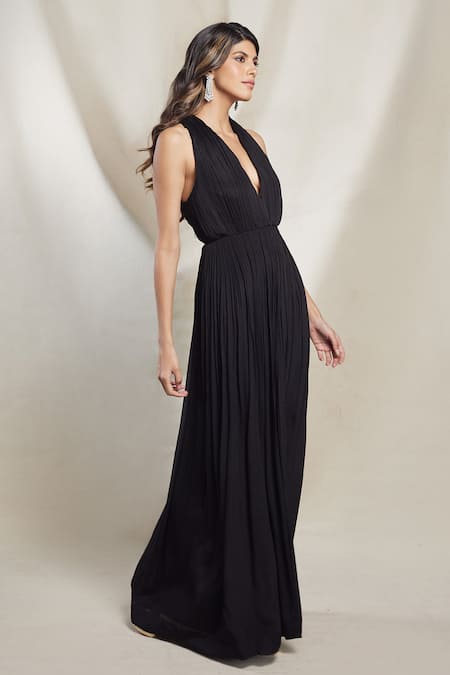 Buy Brinda Sneha Black Chinnon Plain Plunge V Neck Valentina Ruched Gown Online at Aza Fashions Buy_Brinda Sneha_Black Chinnon Plain Plunge V Neck Valentina Ruched Gown _Online_at_Aza_Fashions