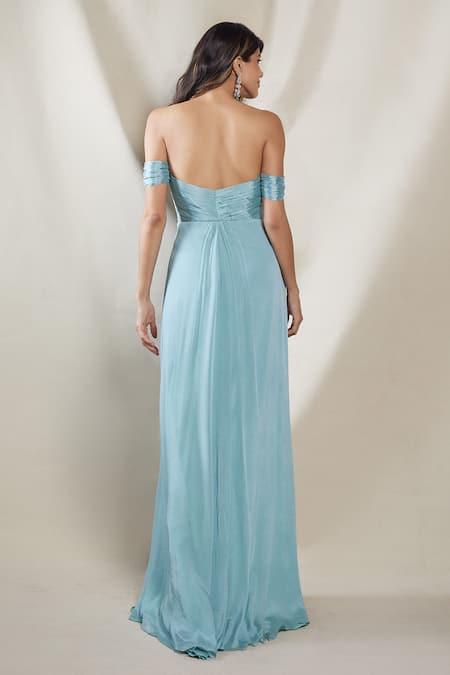 Shop_Brinda Sneha_Blue Chinnon Plain Straight Neck Viviana Ruched Off Shoulder Gown _at_Aza_Fashions