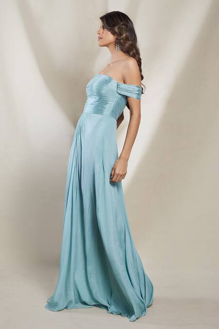 Buy_Brinda Sneha_Blue Chinnon Plain Straight Neck Viviana Ruched Off Shoulder Gown _Online_at_Aza_Fashions