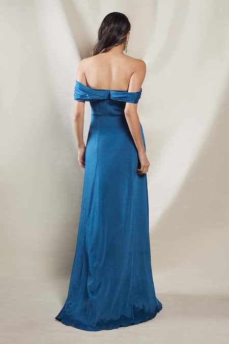 Shop Brinda Sneha Blue Chinon Plain Off Shoulder Neck Alice A-line Gown at Aza Fashions Shop_Brinda Sneha_Blue Chinon Plain Off Shoulder Neck Alice A-line Gown _at_Aza_Fashions