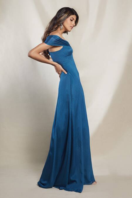 Brinda Sneha Blue Chinon Plain Off Shoulder Neck Alice A-line Gown Online at Aza Fashions Brinda Sneha_Blue Chinon Plain Off Shoulder Neck Alice A-line Gown _Online_at_Aza_Fashions