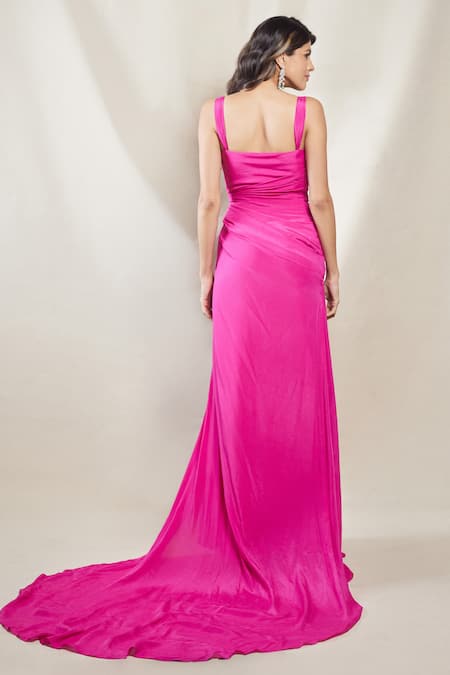 Brinda Sneha Pink Chinon Plain Off Shoulder Sweetheart Neck Ana Asymmetric Draped Trail Gown Online at Aza Fashions Brinda Sneha_Pink Chinon Plain Off Shoulder Sweetheart Neck Ana Asymmetric Draped Trail Gown _Online_at_Aza_Fashions
