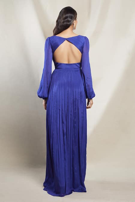 Brinda Sneha_Blue Chinon Plain Deep V Neck Chiara Bishop Sleeve Ruched Gown _Online_at_Aza_Fashions