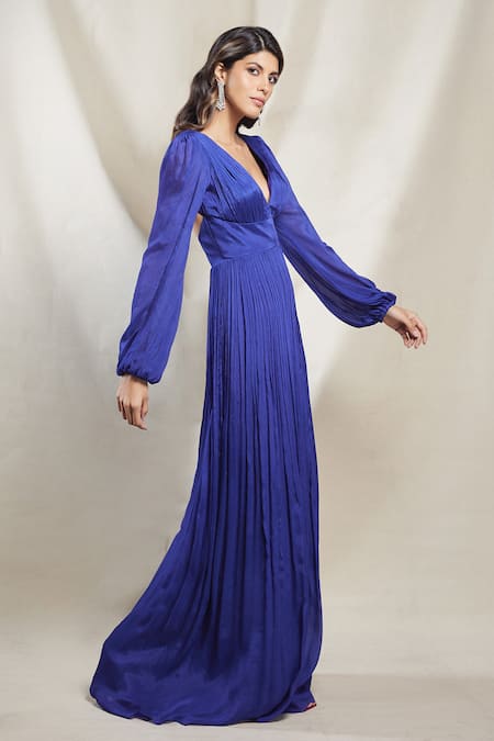 Buy_Brinda Sneha_Blue Chinon Plain Deep V Neck Chiara Bishop Sleeve Ruched Gown _Online_at_Aza_Fashions