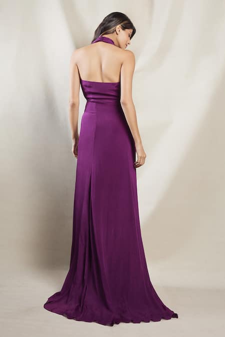 Shop Brinda Sneha Purple Chinon Plain Halter Neck Elisa Gown at Aza Fashions Shop_Brinda Sneha_Purple Chinon Plain Halter Neck Elisa Gown _at_Aza_Fashions