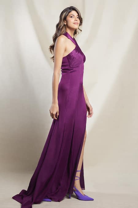 Brinda Sneha Purple Chinon Plain Halter Neck Elisa Gown Online at Aza Fashions Brinda Sneha_Purple Chinon Plain Halter Neck Elisa Gown _Online_at_Aza_Fashions