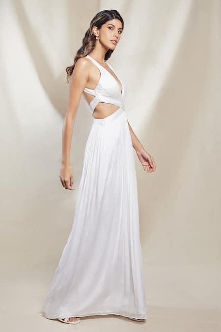 Buy Brinda Sneha White Chinon Plain Plunged V Neck Emma Cut Work Ruched Gown Online at Aza Fashions Buy_Brinda Sneha_White Chinon Plain Plunged V Neck Emma Cut Work Ruched Gown _Online_at_Aza_Fashions
