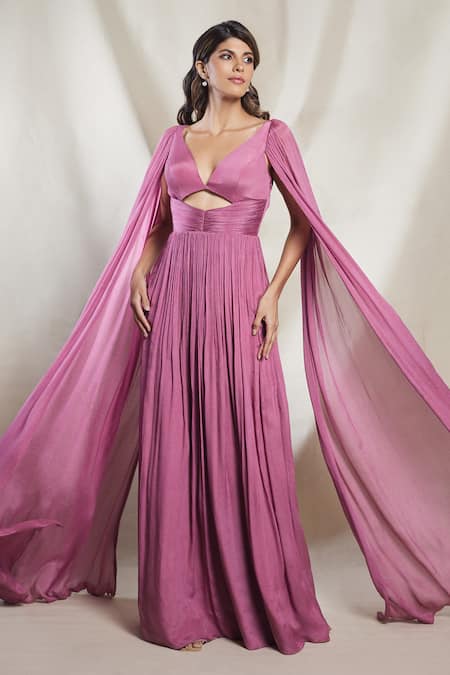 Brinda Sneha Purple Chinon Plain Butterfly Neck Isabella Cape Sleeve Gown 