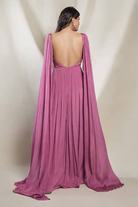 Shop Brinda Sneha Purple Chinon Plain Butterfly Neck Isabella Cape Sleeve Gown at Aza Fashions Shop_Brinda Sneha_Purple Chinon Plain Butterfly Neck Isabella Cape Sleeve Gown _at_Aza_Fashions