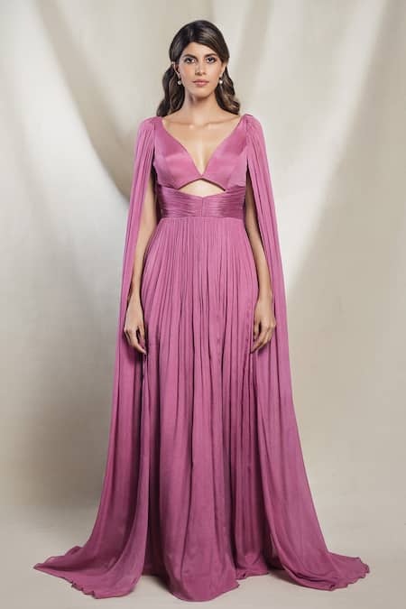 Brinda Sneha Purple Chinon Plain Butterfly Neck Isabella Cape Sleeve Gown Online at Aza Fashions Brinda Sneha_Purple Chinon Plain Butterfly Neck Isabella Cape Sleeve Gown _Online_at_Aza_Fashions