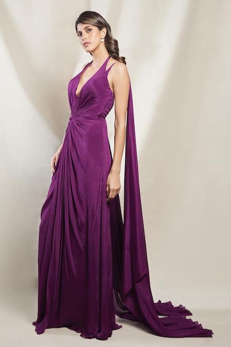 Buy Brinda Sneha Purple Chinon Plain Halter Neck Iva Twisted Draped Trail Gown Online at Aza Fashions Buy_Brinda Sneha_Purple Chinon Plain Halter Neck Iva Twisted Draped Trail Gown _Online_at_Aza_Fashions