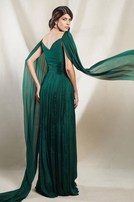 Brinda Sneha_Emerald Green Chinon Plain Butterfly Neck Katrina Cape Sleeve Gown _Online_at_Aza_Fashions