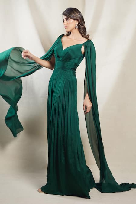 Buy_Brinda Sneha_Emerald Green Chinon Plain Butterfly Neck Katrina Cape Sleeve Gown _Online_at_Aza_Fashions