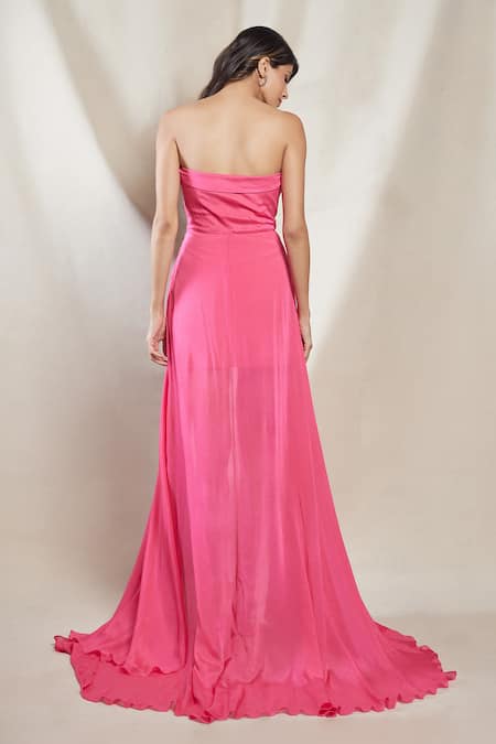 Brinda Sneha Pink Chinon Plain Off Shoulder Sweetheart Neck Laura Panelled Trail Gown Online at Aza Fashions Brinda Sneha_Pink Chinon Plain Off Shoulder Sweetheart Neck Laura Panelled Trail Gown _Online_at_Aza_Fashions