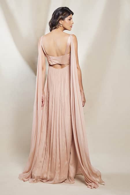 Brinda Sneha Pink Chinon Plain Sweetheart Neck Lucija Pleated Ruched Gown Online at Aza Fashions Brinda Sneha_Pink Chinon Plain Sweetheart Neck Lucija Pleated Ruched Gown _Online_at_Aza_Fashions