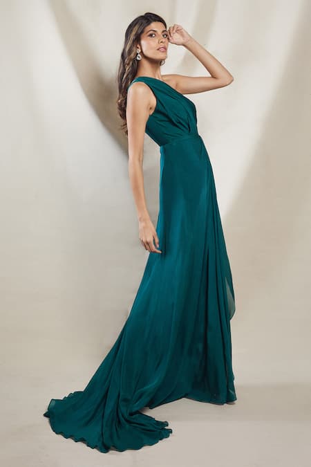 Brinda Sneha Green Chinon Plain One Shoulder Neck Luna Draped Gown Online at Aza Fashions Brinda Sneha_Green Chinon Plain One Shoulder Neck Luna Draped Gown _Online_at_Aza_Fashions