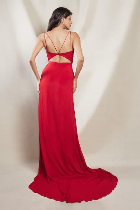 Shop Brinda Sneha Red Chinon Plain V Neck Maria High Slit Draped Gown at Aza Fashions Shop_Brinda Sneha_Red Chinon Plain V Neck Maria High Slit Draped Gown _at_Aza_Fashions