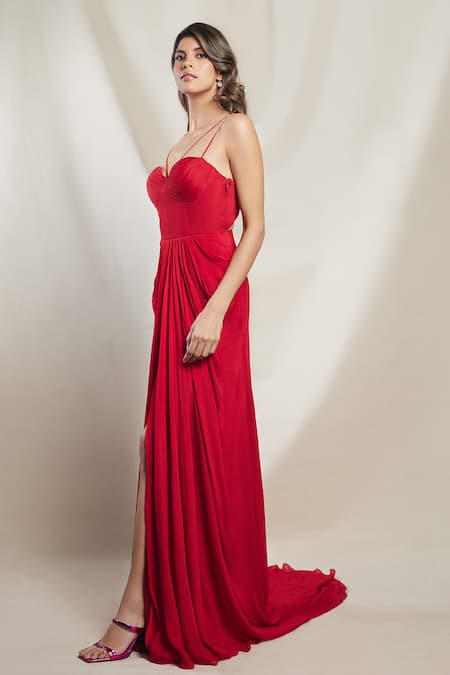 Brinda Sneha Red Chinon Plain V Neck Maria High Slit Draped Gown Online at Aza Fashions Brinda Sneha_Red Chinon Plain V Neck Maria High Slit Draped Gown _Online_at_Aza_Fashions