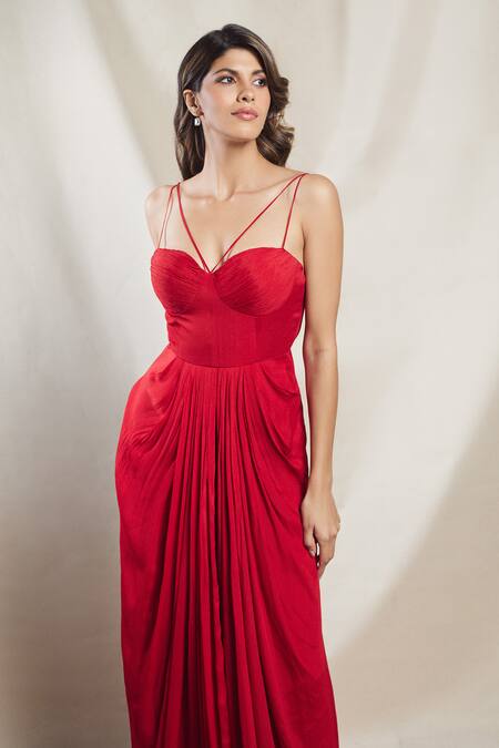 Buy Brinda Sneha Red Chinon Plain V Neck Maria High Slit Draped Gown Online at Aza Fashions Buy_Brinda Sneha_Red Chinon Plain V Neck Maria High Slit Draped Gown _Online_at_Aza_Fashions