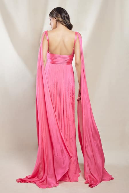 Brinda Sneha_Pink Chinon Plain Sweetheart Neck Marta Pleated Ruched Gown _Online_at_Aza_Fashions