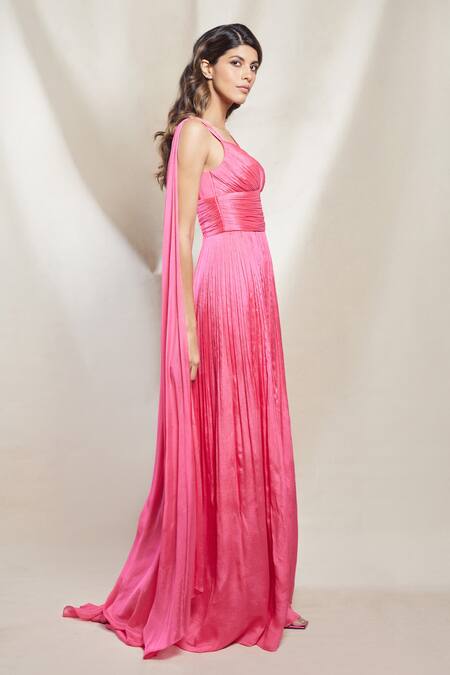 Buy_Brinda Sneha_Pink Chinon Plain Sweetheart Neck Marta Pleated Ruched Gown _Online_at_Aza_Fashions