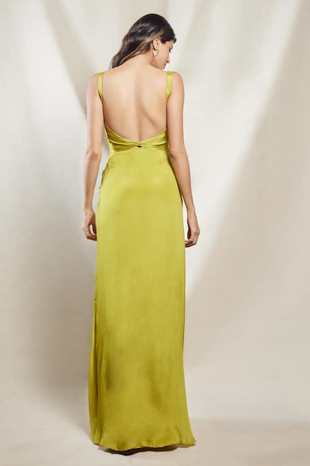 Brinda Sneha Green Chinon Plain Sweetheart Neck Petra Pleated Draped Gown Online at Aza Fashions Brinda Sneha_Green Chinon Plain Sweetheart Neck Petra Pleated Draped Gown _Online_at_Aza_Fashions
