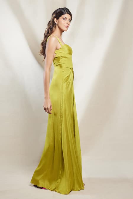 Buy Brinda Sneha Green Chinon Plain Sweetheart Neck Petra Pleated Draped Gown Online at Aza Fashions Buy_Brinda Sneha_Green Chinon Plain Sweetheart Neck Petra Pleated Draped Gown _Online_at_Aza_Fashions